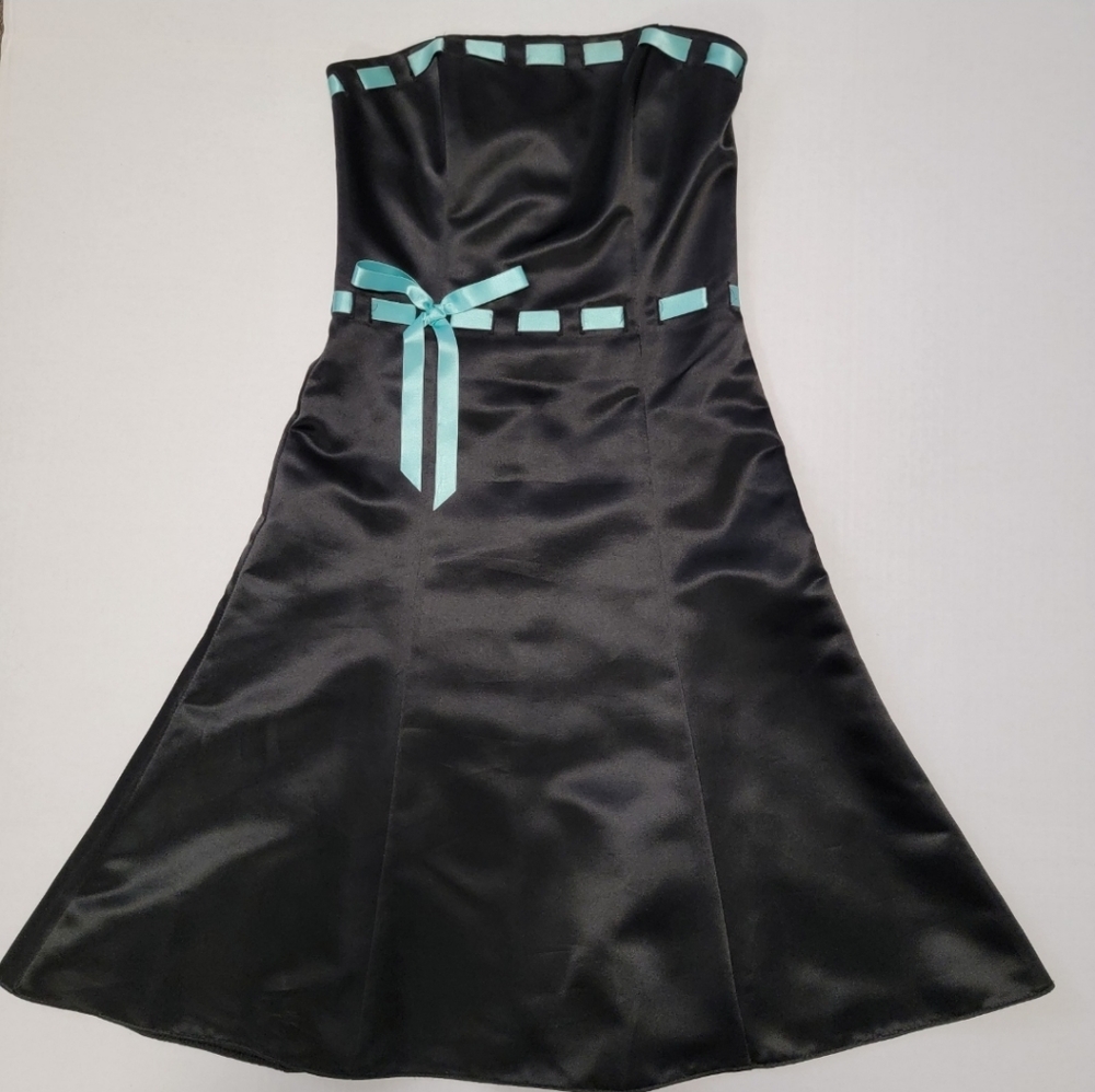 Vintage Jessica McClintock Gunne Sax Black Dress Prom Ribbon Bow Strapless 1/2